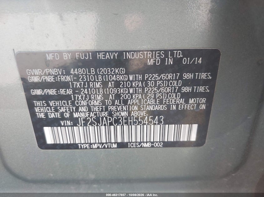 SUBARU FORESTER 2014 VIN JF2SJAPC3EH554543