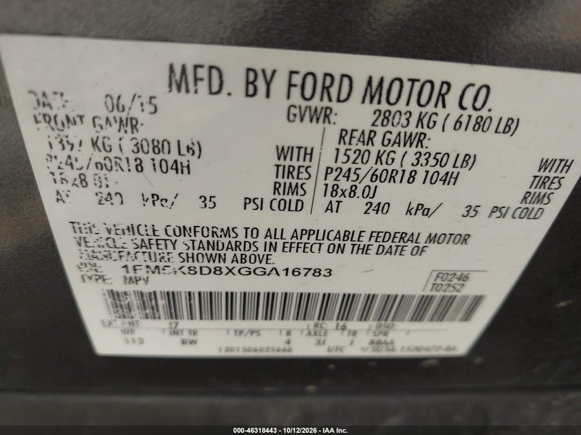 FORD EXPLORER 2016 VIN 1FM5K8D8XGGA16783