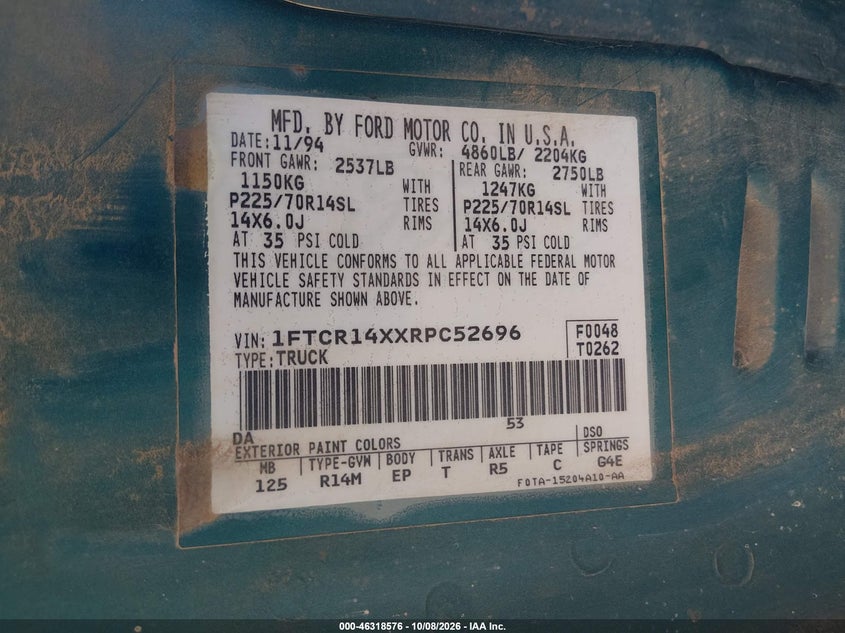 FORD RANGER 1994 VIN 1FTCR14XXRPC52696
