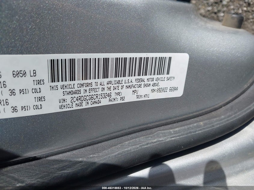 DODGE GRAND CARAVAN 2012 VIN 2C4RDGCG6CR153246