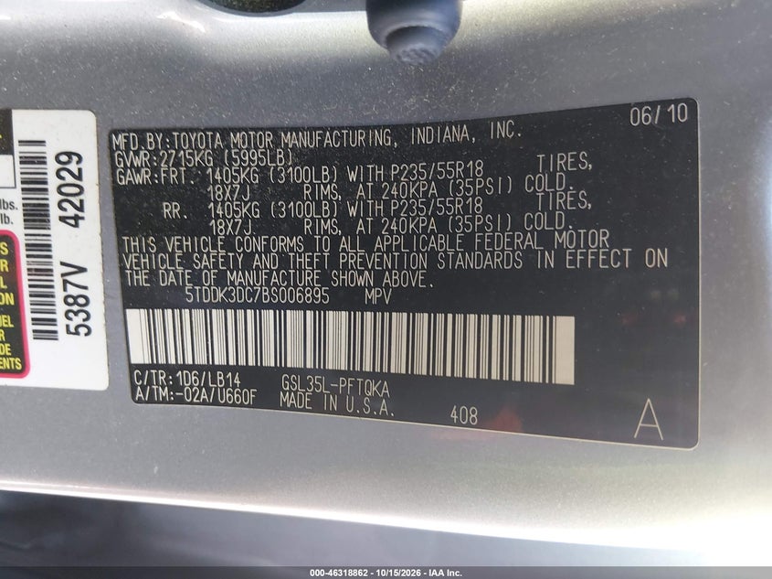 TOYOTA SIENNA 2011 VIN 5TDDK3DC7BS006895