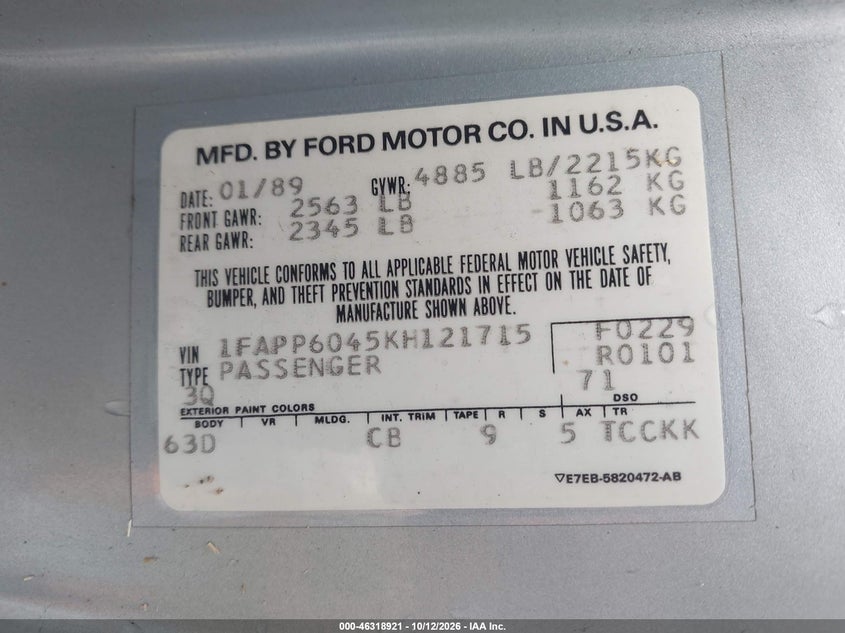 FORD THUNDERBIRD 1989 VIN 1FAPP6045KH121715
