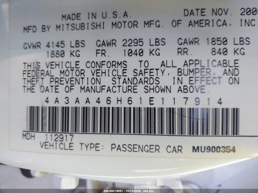 MITSUBISHI GALANT 2001 VIN 4A3AA46H61E117914