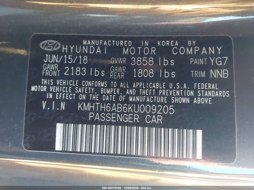 HYUNDAI VELOSTER 2019 VIN KMHTH6AB6KU009205