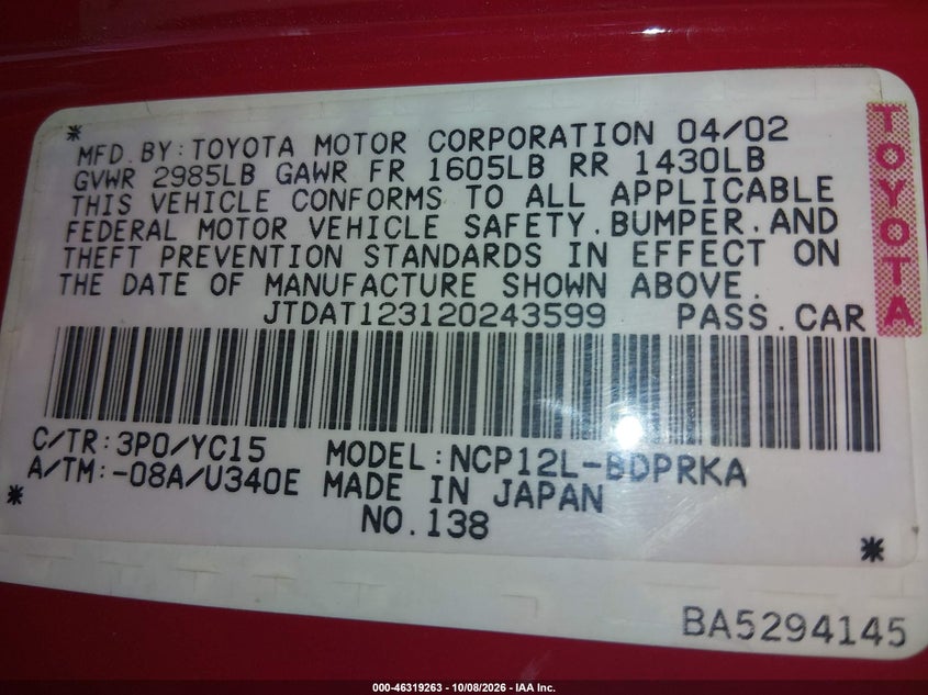 TOYOTA ECHO 2002 VIN JTDAT123120243599
