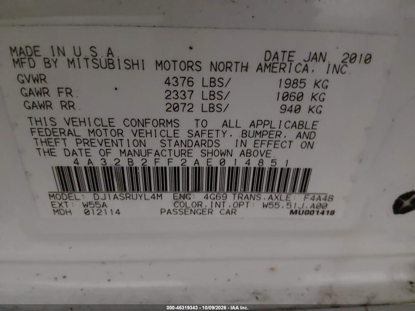 2010 MITSUBISHI GALANT FE · Фото 9