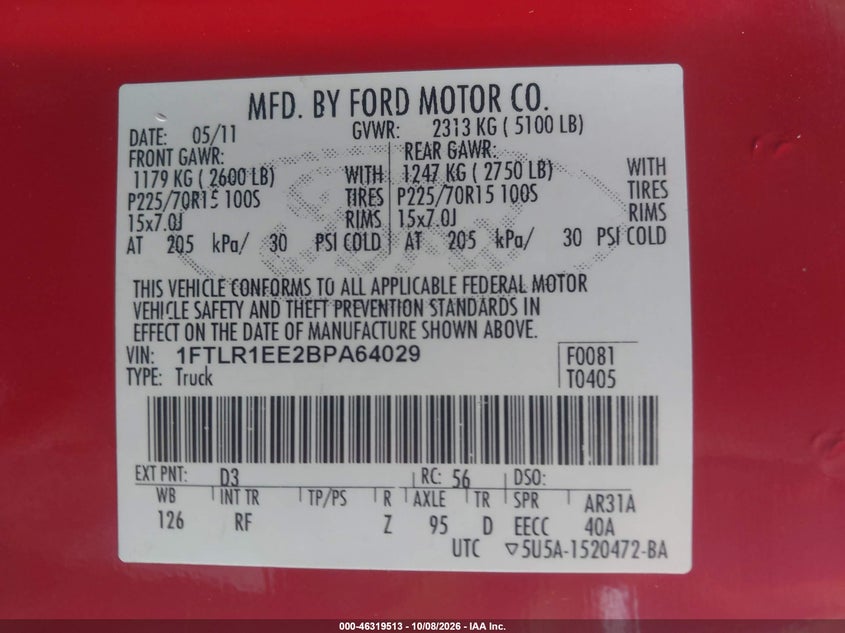 FORD RANGER 2011 VIN 1FTLR1EE2BPA64029
