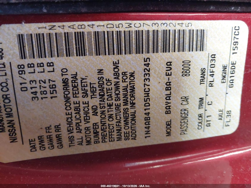 NISSAN SENTRA 1998 VIN 1N4AB41D5WC733245