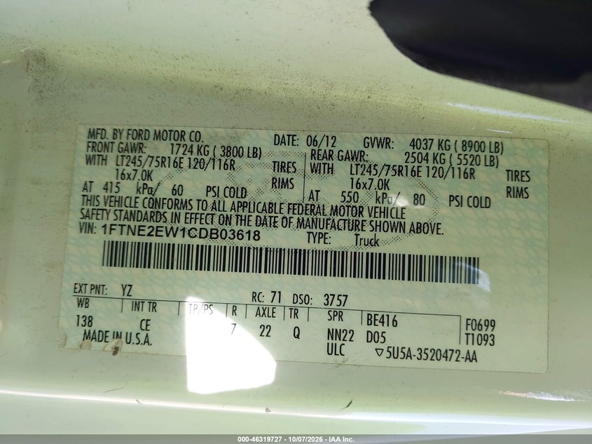 FORD E-250 2012 VIN 1FTNE2EW1CDB03618