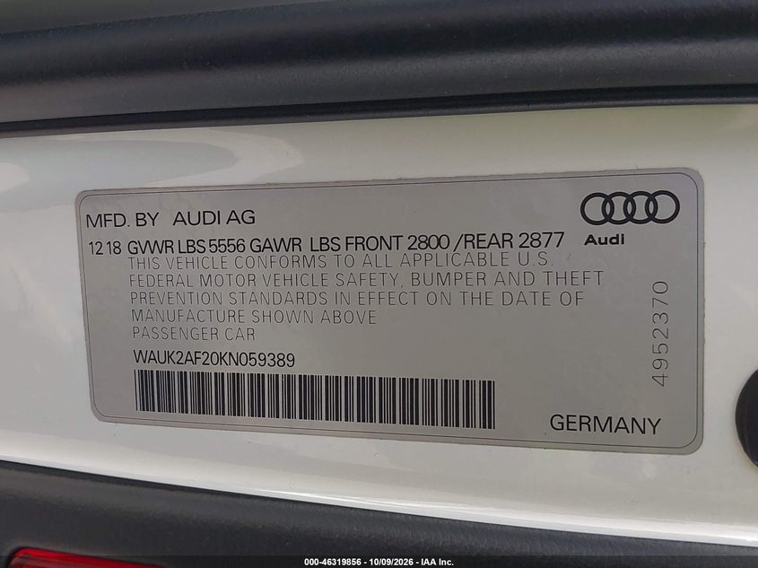 AUDI A6 2019 VIN WAUK2AF20KN059389