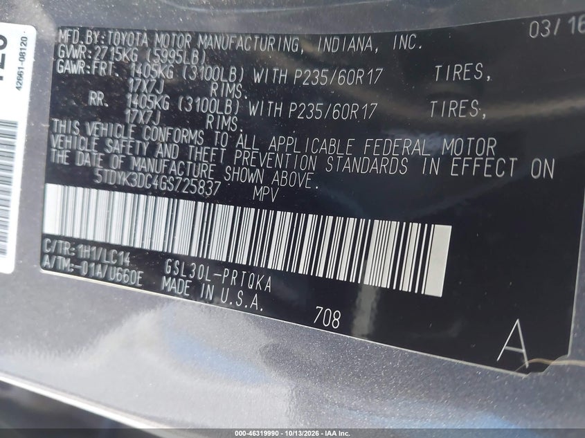 2016 TOYOTA SIENNA VIN 5TDYK3DC4GS725837 — фото 9