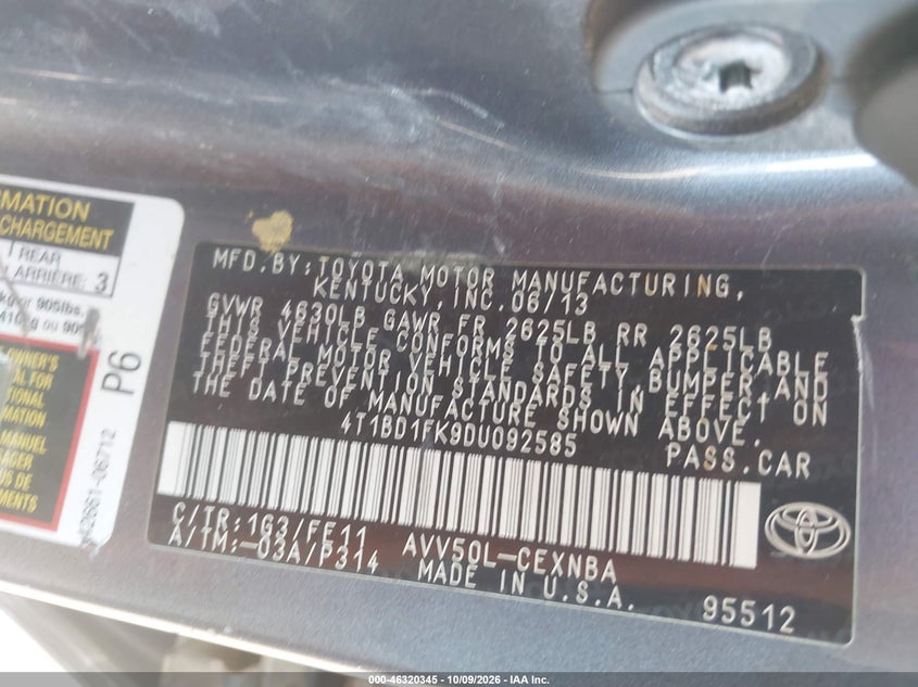TOYOTA CAMRY HYBRID 2013 VIN 4T1BD1FK9DU092585