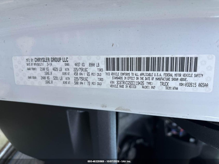 RAM PROMASTER 2500 2014 VIN 3C6TRVCG5EE119435