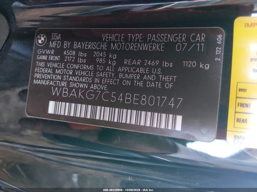 BMW 335I 2011 VIN WBAKG7C54BE801747