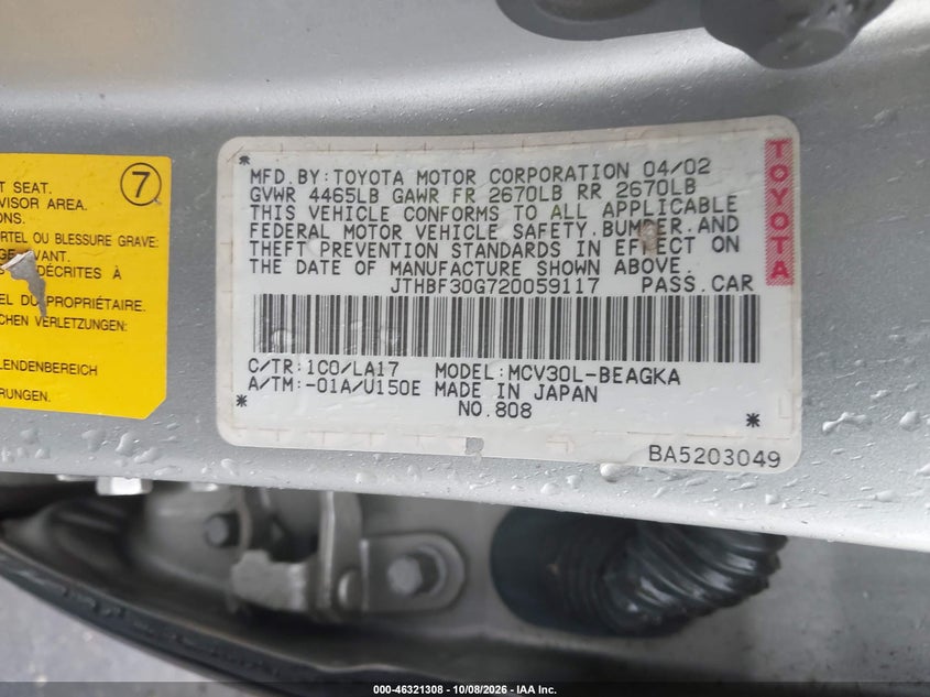 LEXUS ES 300 2002 VIN JTHBF30G720059117