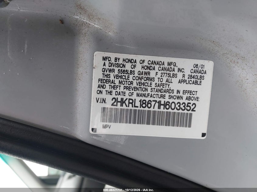 HONDA ODYSSEY 2001 VIN 2HKRL18671H603352