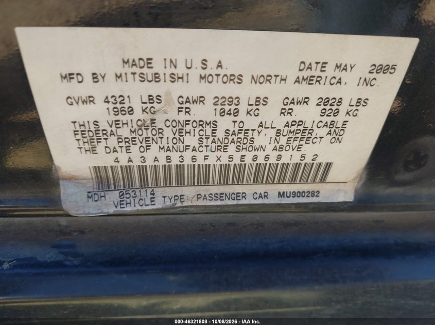 MITSUBISHI GALANT 2005 VIN 4A3AB36FX5E069152
