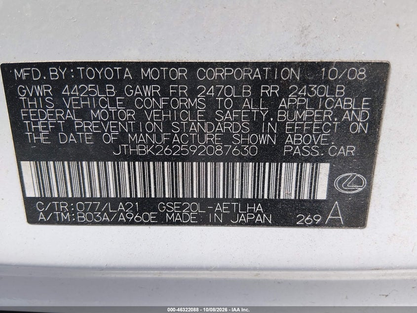 LEXUS IS 250 2009 VIN JTHBK262592087630