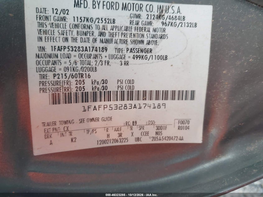 FORD TAURUS 2003 VIN 1FAFP53283A174189