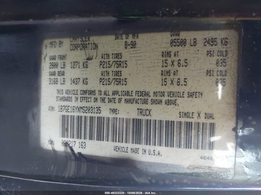 DODGE D-SERIES 1991 VIN 1B7GE16YXMS203135