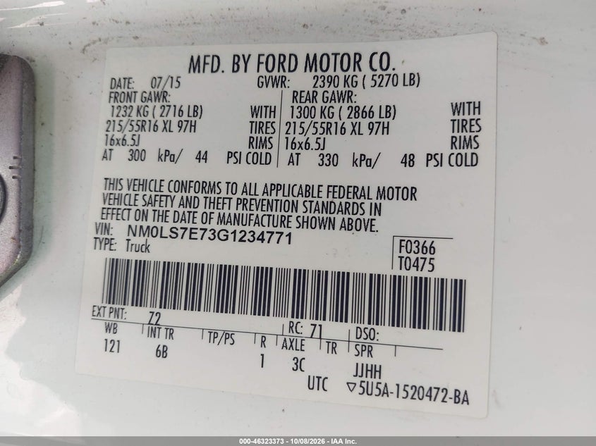 FORD TRANSIT CONNECT 2016 VIN NM0LS7E73G1234771