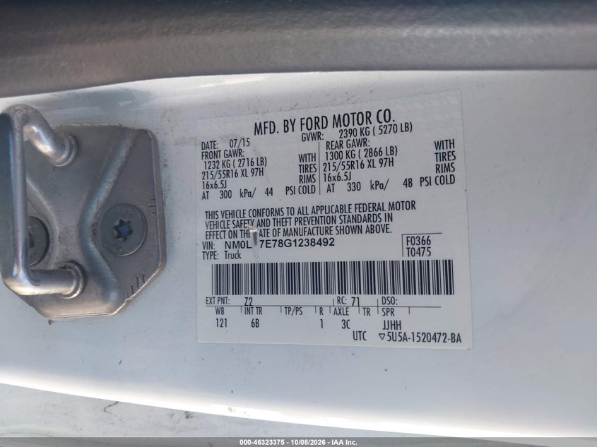 FORD TRANSIT CONNECT 2016 VIN NM0LS7E78G1238492