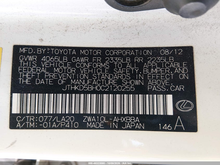 LEXUS CT 200H 2012 VIN JTHKD5BH0C2120255