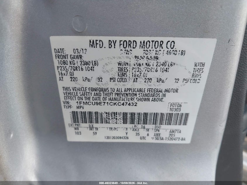 FORD ESCAPE 2012 VIN 1FMCU9E71CKC47432
