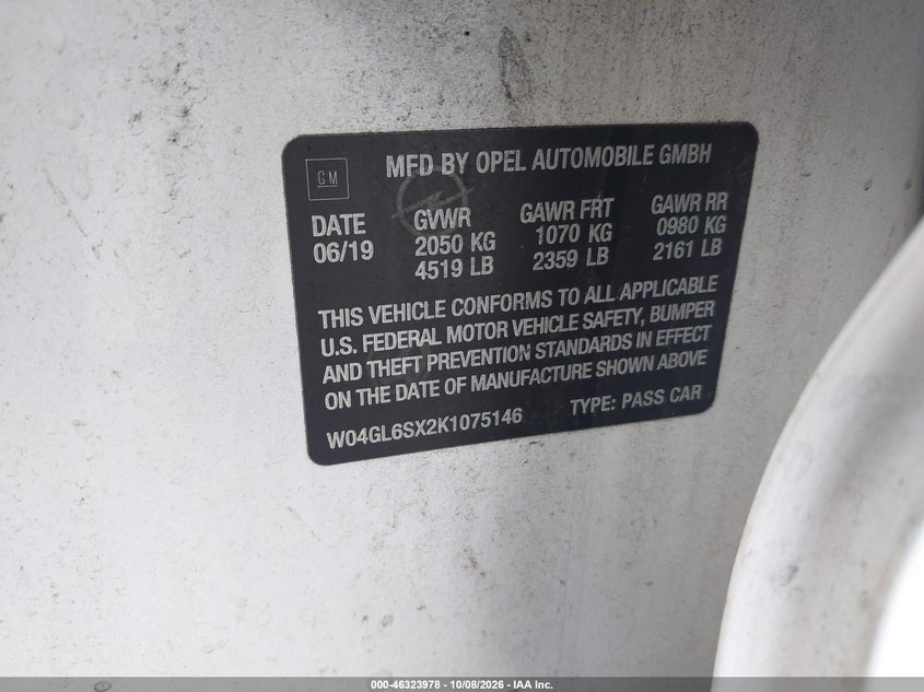 BUICK REGAL SPORTBACK 2019 VIN W04GL6SX2K1075146