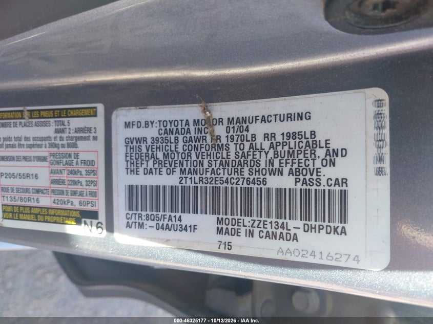 TOYOTA COROLLA MATRIX 2004 VIN 2T1LR32E54C276456