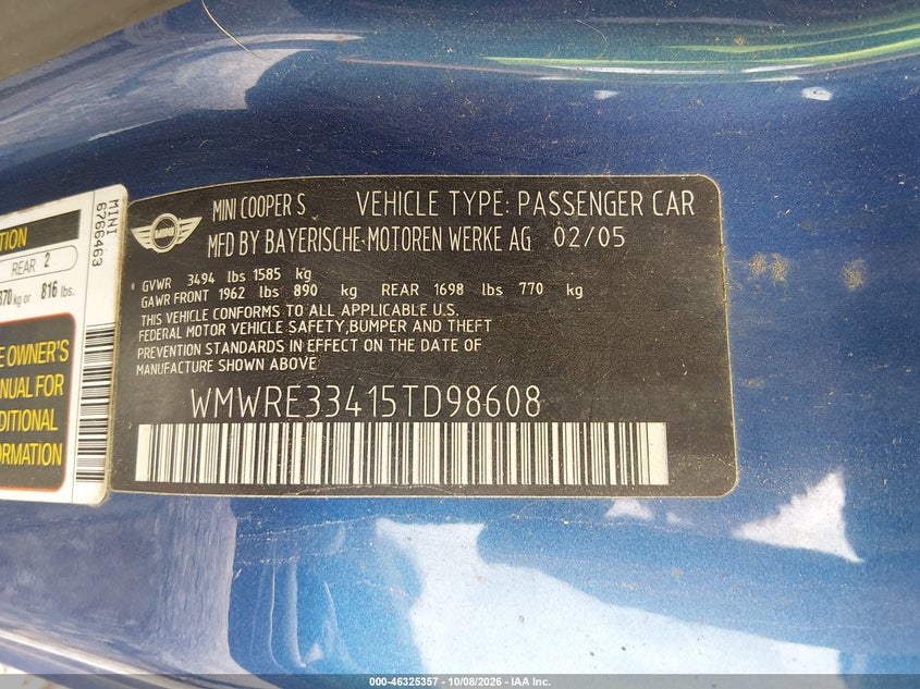 MINI COOPER S 2005 VIN WMWRE33415TD98608