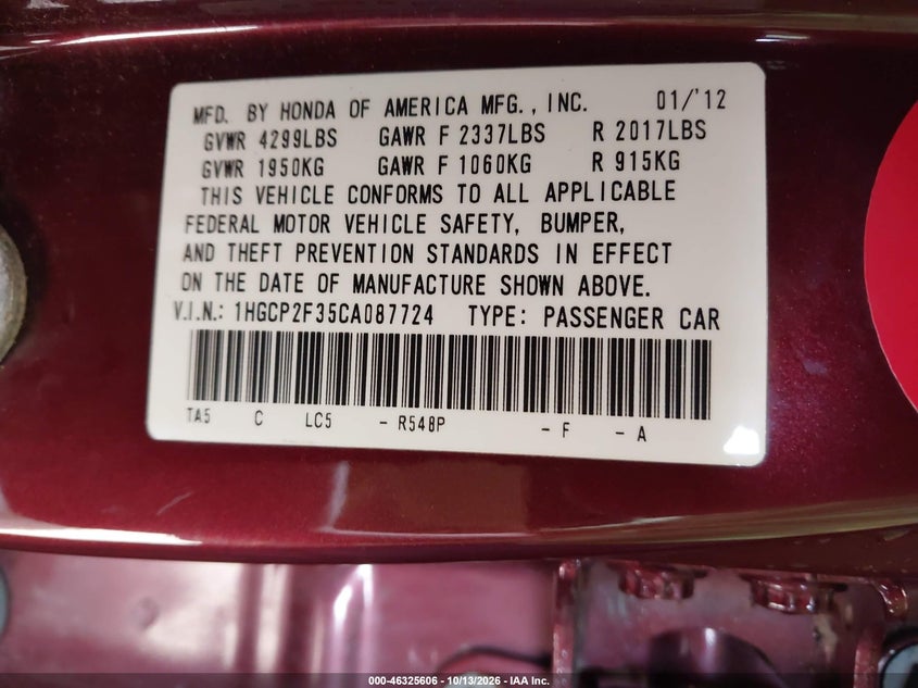 2012 HONDA ACCORD 2.4 LX · Фото 9