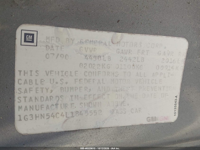 OLDSMOBILE DELTA 88 1990 VIN 1G3HN54C4L1845552