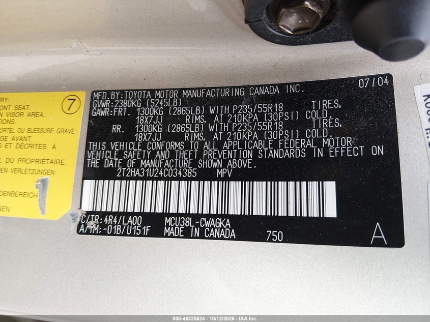 LEXUS RX 330 2004 VIN 2T2HA31U24C034385