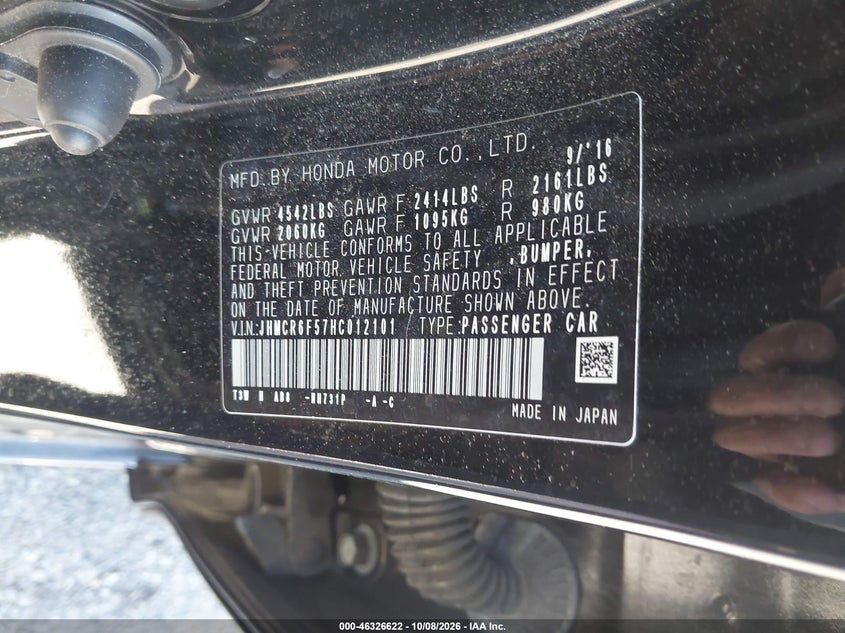 HONDA ACCORD HYBRID 2017 VIN JHMCR6F57HC012101