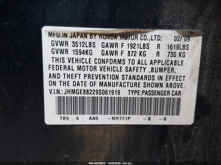 HONDA FIT 2009 VIN JHMGE88229S061919