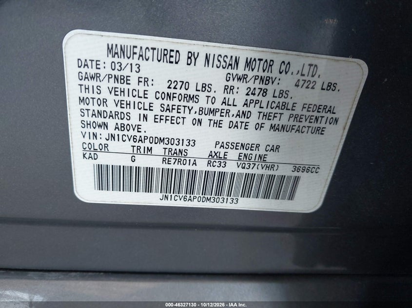 INFINITI G37 2013 VIN JN1CV6AP0DM303133