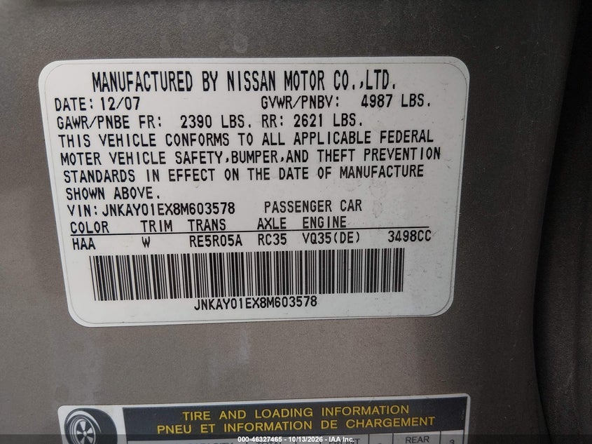 INFINITI M35 2008 VIN JNKAY01EX8M603578