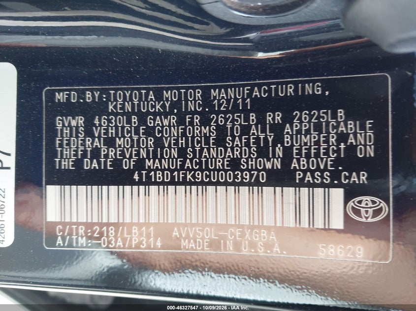 TOYOTA CAMRY HYBRID 2012 VIN 4T1BD1FK9CU003970