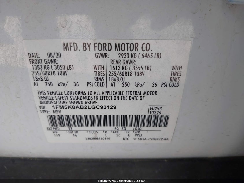 FORD POLICE INTERCEPTOR UTILITY 2020 VIN 1FM5K8AB2LGC93129