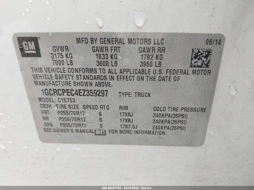 Vin: 1gcrcpec4ez359297, lot: 46828016, chevrolet silverado 1500 work truck 2wt 20144