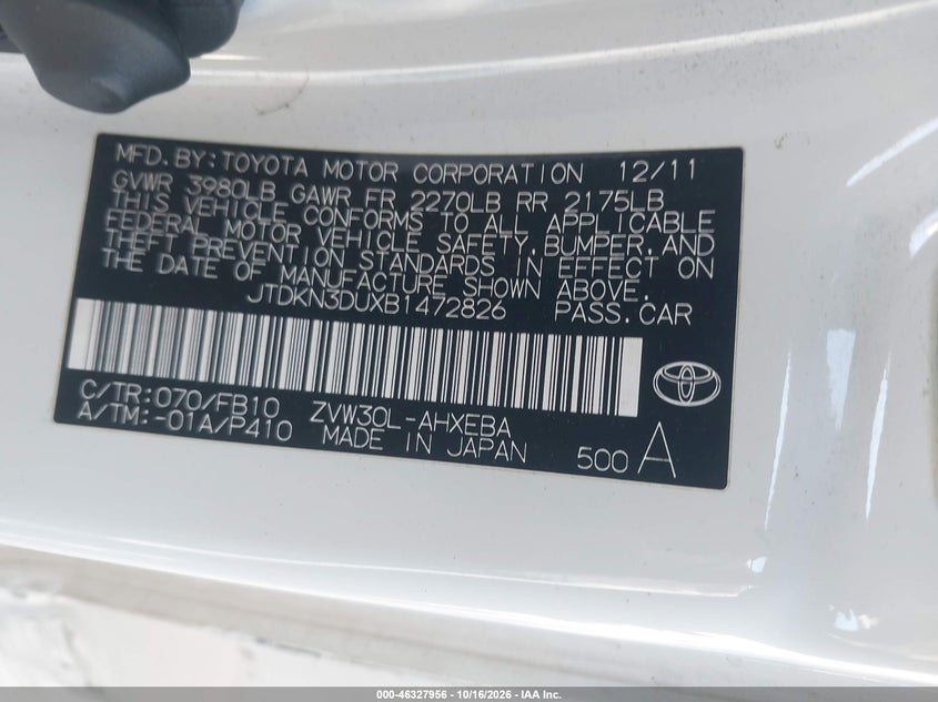 TOYOTA PRIUS 2011 VIN JTDKN3DUXB1472826