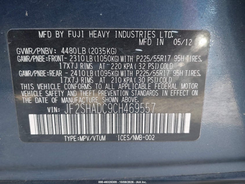 SUBARU FORESTER 2012 VIN JF2SHADC9CH469557
