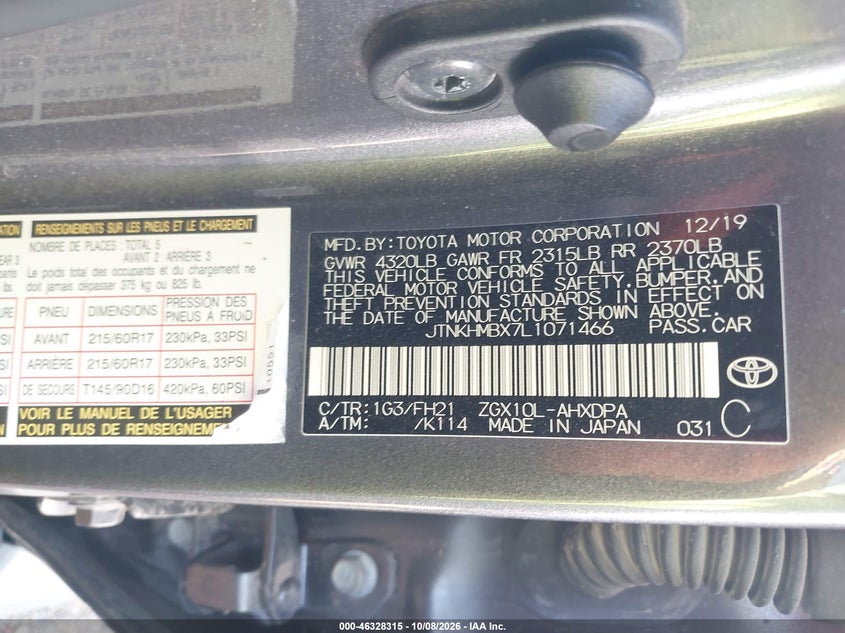 TOYOTA C-HR 2020 VIN JTNKHMBX7L1071466
