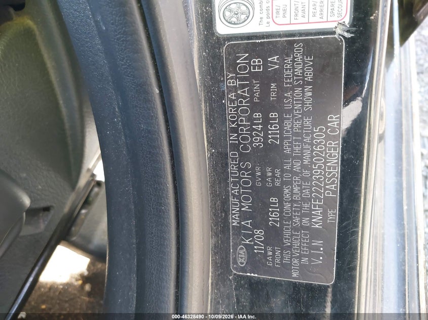 KIA SPECTRA 2009 VIN KNAFE222395026305