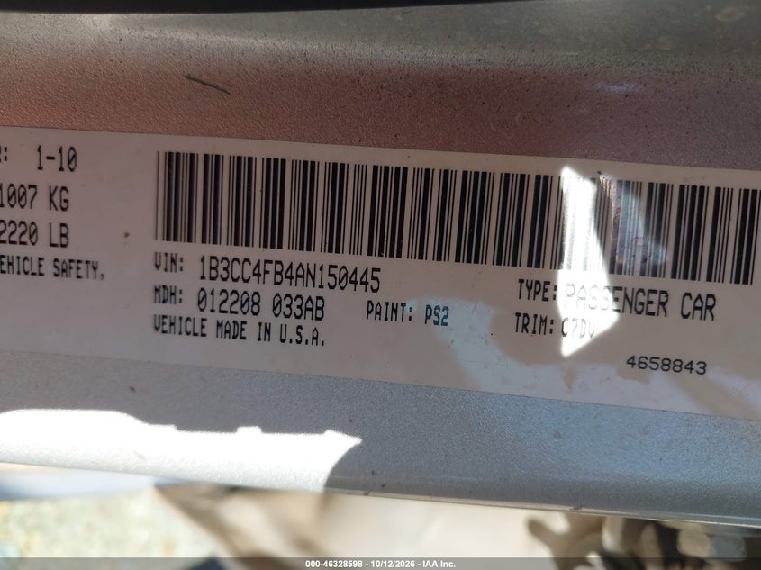 DODGE AVENGER 2010 VIN 1B3CC4FB4AN150445