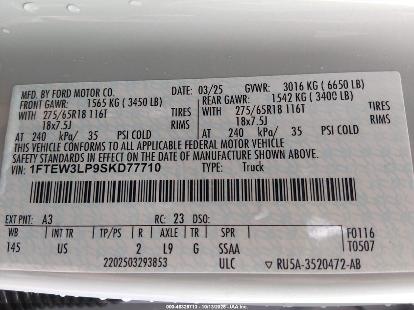 2025 FORD F-150 VIN 1FTEW3LP9SKD77710 — фото 9