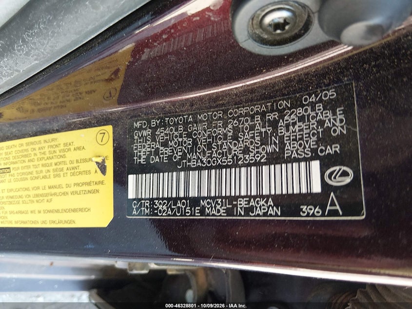 LEXUS ES 330 2005 VIN JTHBA30GX55123592