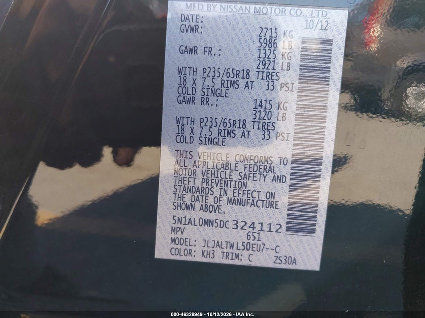 INFINITI JX35 2013 VIN 5N1AL0MN5DC324112