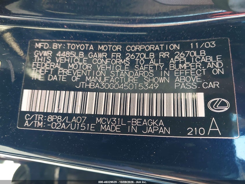 LEXUS ES 330 2004 VIN JTHBA30G045015349
